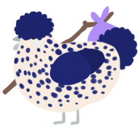 A cream and navy chicken with a speckle pattern