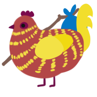 A red and yellow chicken with a bar pattern