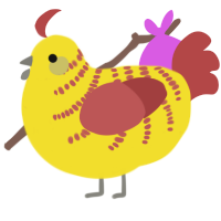 A yellow and red chicken with a half-bar pattern