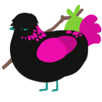 b00ty guru, a black and fuchsia chicken with a neck-speckle pattern