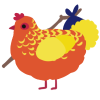 A vermilion and yellow chicken with a half-lace pattern