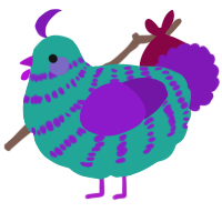 A turquoise and violet chicken with a bar pattern