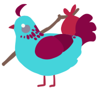 A aqua and maroon chicken with a neck-speckle pattern