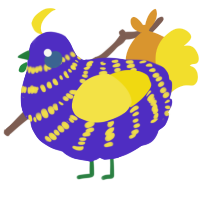 A indigo and yellow chicken with a bar pattern