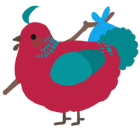 A crimson and teal chicken with a neck-band pattern