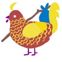 dog, a red and yellow chicken with a lace pattern