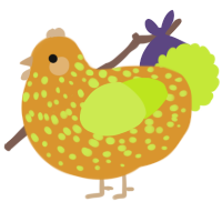 A orange and lime chicken with a speckle pattern