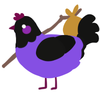 A blurple and black chicken with a head pattern