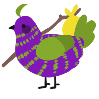A violet and chartreuse chicken with a bar pattern
