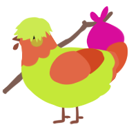 A lime and vermilion chicken with a head pattern