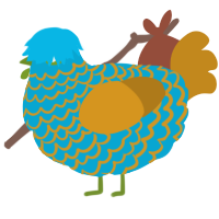 A cerulean and ochre chicken with a lace pattern