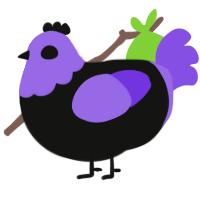 A black and blurple chicken with a head pattern