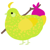 A lime and yellow chicken with a speckle pattern