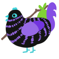 A black and blurple chicken with a bar pattern