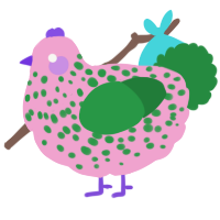 A pink and viridian chicken with a speckle pattern