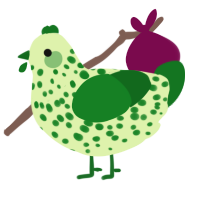 A apple and leaf chicken with a speckle pattern