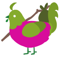 A fuchsia and chartreuse chicken with a head pattern
