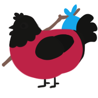 A crimson and black chicken with a head pattern