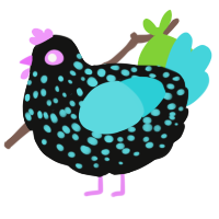A black and aqua chicken with a speckle pattern