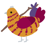 A orange and maroon chicken with a bar pattern