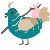 A teal and beige chicken with a half-bar pattern