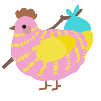 A pink and yellow chicken with a bar pattern