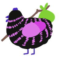 A black and orchid chicken with a bar pattern