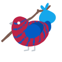 A crimson and ultramarine chicken with a bar pattern