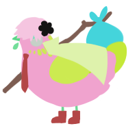 Zhen, a pink and lime chicken with a neck-speckle pattern