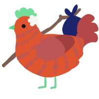 my friend the apple, a vermilion and red chicken with a bar pattern