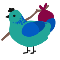 glorby, a turquoise and ultramarine chicken with a neck-speckle pattern