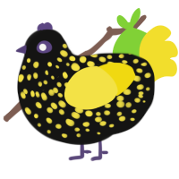 Bee, a black and yellow chicken with a speckle pattern