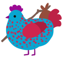 Fruit Bird, a cerulean and crimson chicken with a speckle pattern