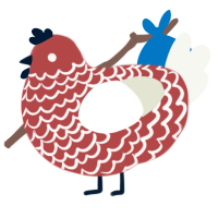 Newspaper, a red and white chicken with a lace pattern