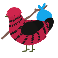Strawberry, a crimson and black chicken with a bar pattern