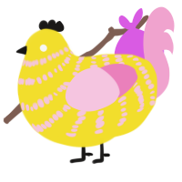 Shrimps and Bananas, a yellow and pink chicken with a bar pattern