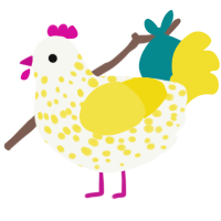 Out of Cyan, a white and yellow chicken with a speckle pattern