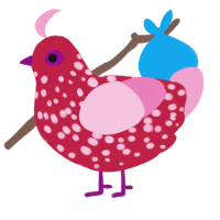 dragonfruit, a crimson and pink chicken with a speckle pattern