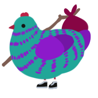 Dill Pickle Jr, a turquoise and violet chicken with a bar pattern