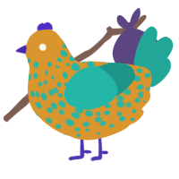 Copper, a orange and turquoise chicken with a speckle pattern