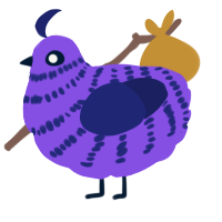 Obi, a blurple and navy chicken with a bar pattern