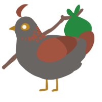 terracotta pot, a grey and russet chicken with a neck-speckle pattern