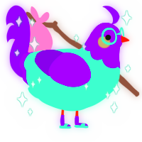 shiny, a mint and violet chicken with a head pattern