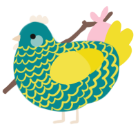 Calypso, a teal and yellow chicken with a lace pattern