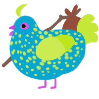 The Earth, a cerulean and lime chicken with a speckle pattern