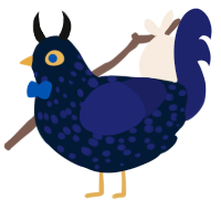 Mammon, a tumblr and navy chicken with a speckle pattern