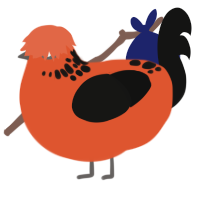 H Eve, a vermilion and black chicken with a neck-speckle pattern