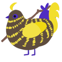 woman in stem, a bark and yellow chicken with a bar pattern