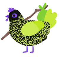 duckweed on the pond, a black and lime chicken with a double-lace pattern