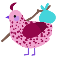 Sofa, a pink and maroon chicken with a speckle pattern